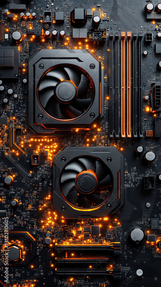 Fototapeta premium Two powerful cooling fans working on motherboard with orange lights