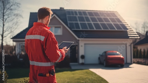 A technician in a red uniform checks a tablet, inspecting solar panels on a modern home with a red car parked nearby