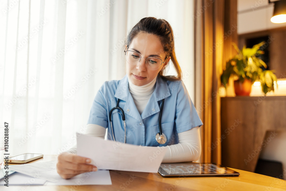 Young female doctor sitting at home with paperwork and analyzing test results. Young female doctor sitting at home with paperwork and analyzing test results.