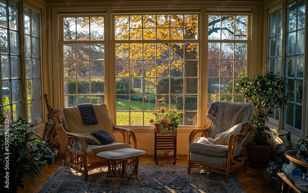 Obraz premium Cozy indoor seating area with autumn view and natural lighting during late afternoon