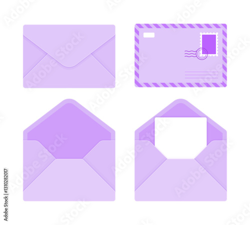 Set of lilac envelopes in different styles, including closed, open, and with a letter. Mail, correspondence, and stationery concept. Flat vector illustration isolated on white background	
