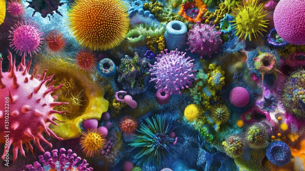 Fototapeta premium Vibrant microscopic view of colorful viruses and bacteria in a lively underwater environment.