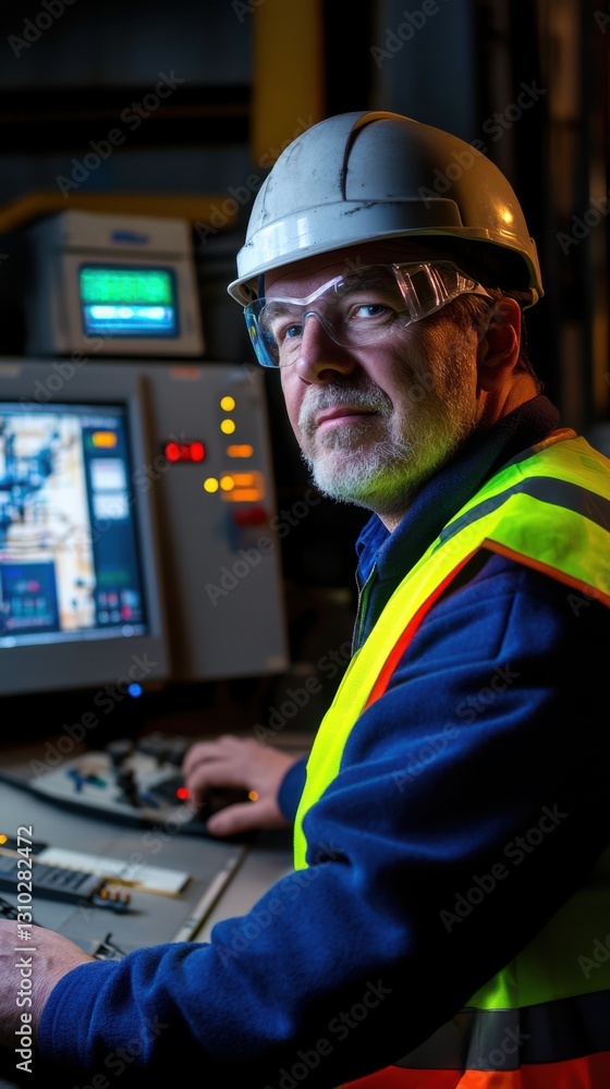 A man in a hard hat and safety vest stands confidently by a control panel, overseeing operations with a focused expression A man in a hard hat and safety vest stands confidently by a control panel, overseeing operations with a focused expression