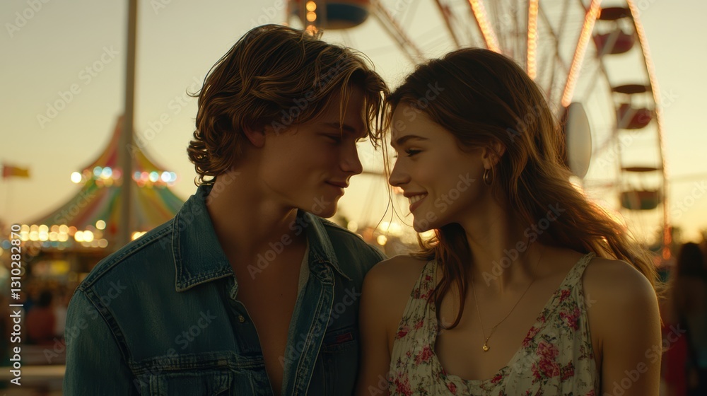 A couple gazes at each other near a colorful ferris wheel. A couple gazes at each other near a colorful ferris wheel.