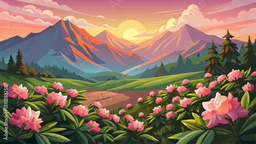 Canvas Print Rhododendron flowers covered mountains meadow in summer time