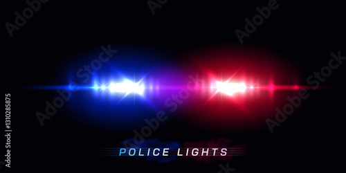 Flashing police lights at night. Blue and red blurred police car lights isolated on black background. Emergency incident, crime scene. Vector illustration.