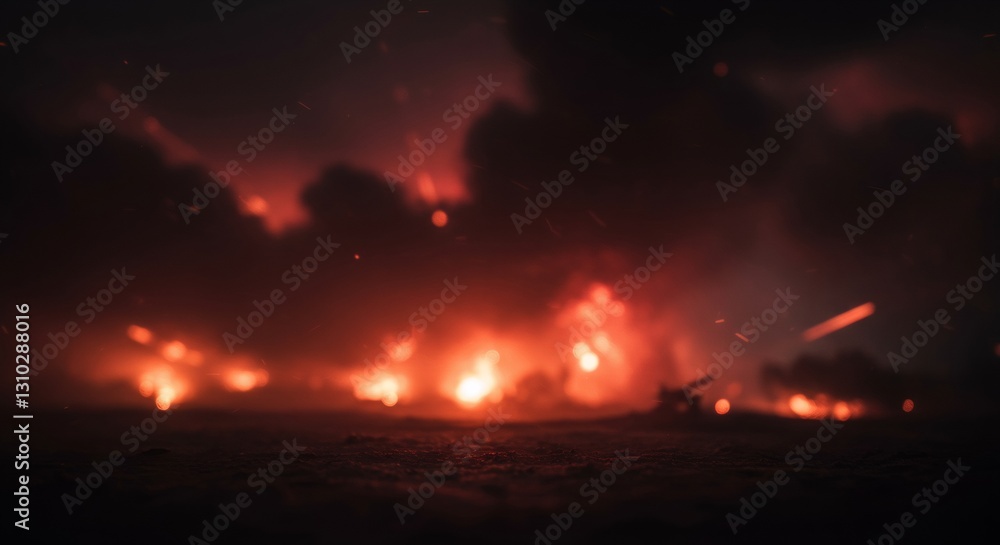 Fototapeta premium Nighttime wildfire raging across dark landscape. Glowing flames and embers illuminate smoky sky. Natural disaster, forest fire, climate change impact. Emergency situation.
