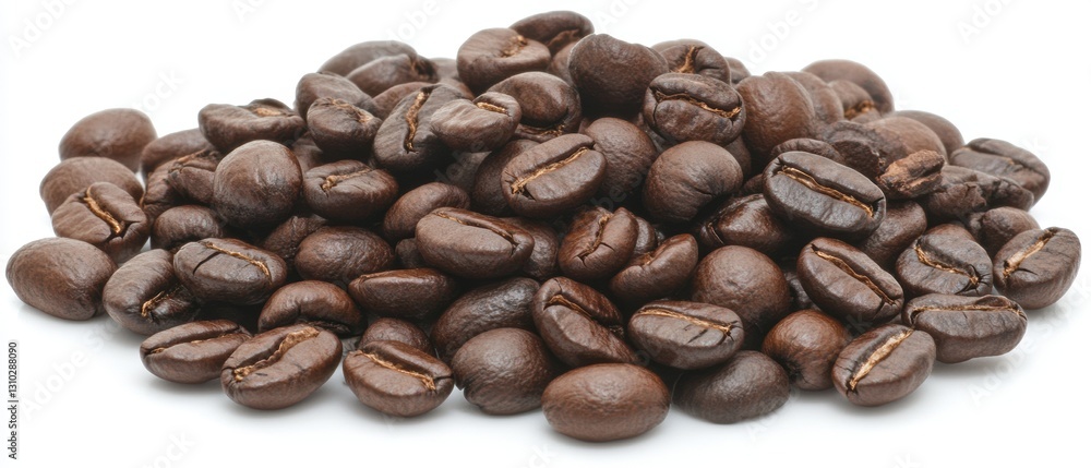Naklejka premium A detailed view of coffee beans stacked on a clean white background.