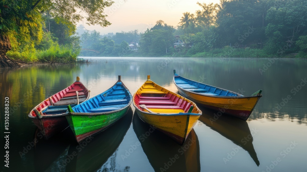 Obraz premium Three boats float on water beside a lush forest landscape.