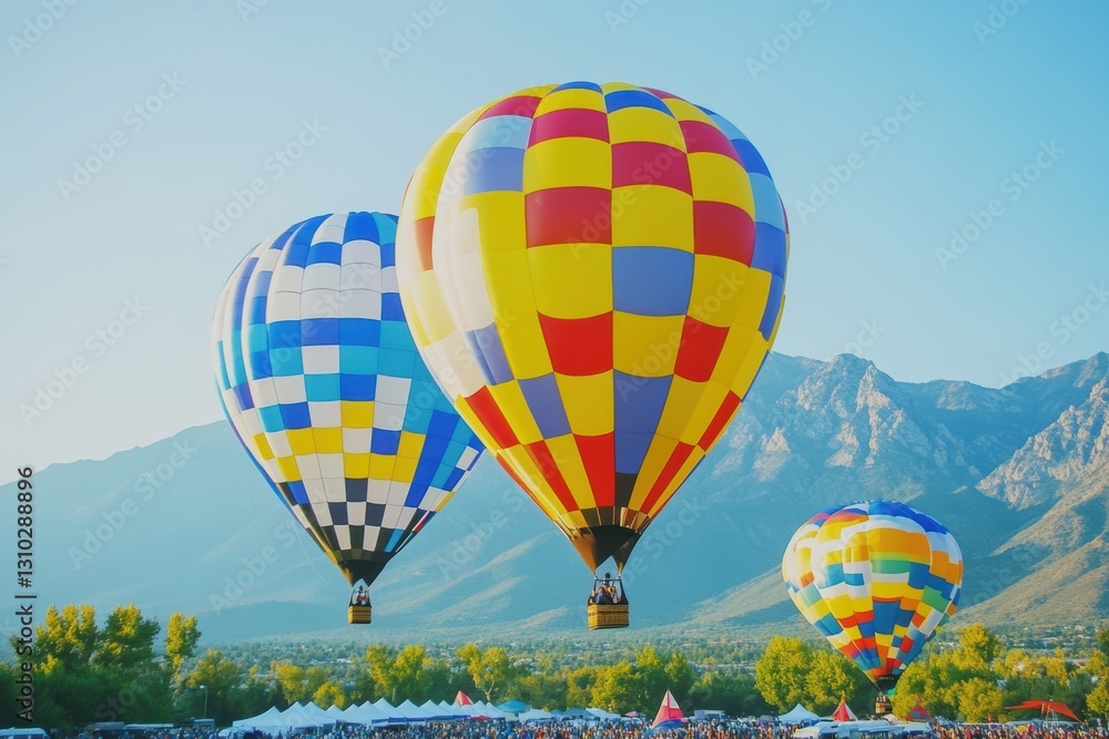 Obraz premium Colorful hot air balloons soar above a field with majestic mountains in the background.