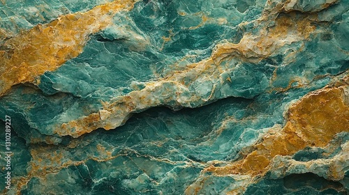 Close-up view of textured stone surface with turquoise and gold patterns