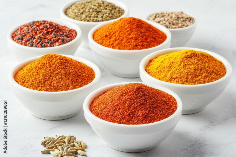 A close-up view of various bowls filled with colorful spices. A close-up view of various bowls filled with colorful spices.