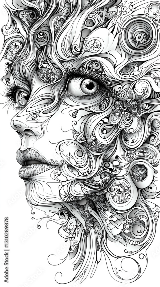Abstract Art Line Drawing: Surreal Fantasy Portrait with Intricate Face and Swirling Black and White Patterns Abstract Art Line Drawing: Surreal Fantasy Portrait with Intricate Face and Swirling Black and White Patterns