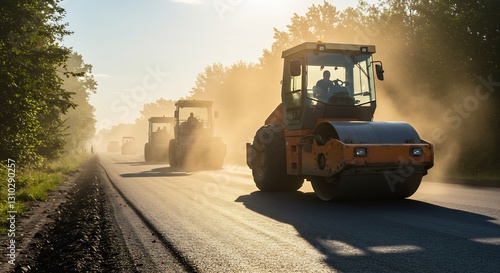 Road construction at sunset, asphalt rollers compacting new road surface.