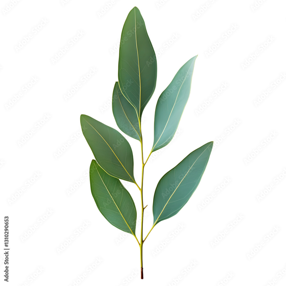 A high-resolution image of an elegant eucalyptus branch with long, smooth green leaves A high-resolution image of an elegant eucalyptus branch with long, smooth green leaves