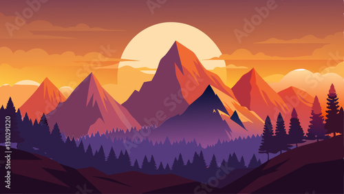 minimalist vector illustration of a mountain silhouette at sunset