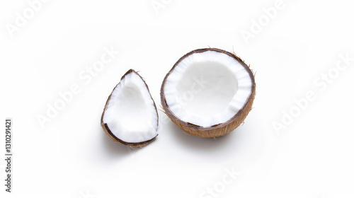 Minimalist photo of a halved coconut with its white flesh exposed, rough brown shell texture, isolated on white background