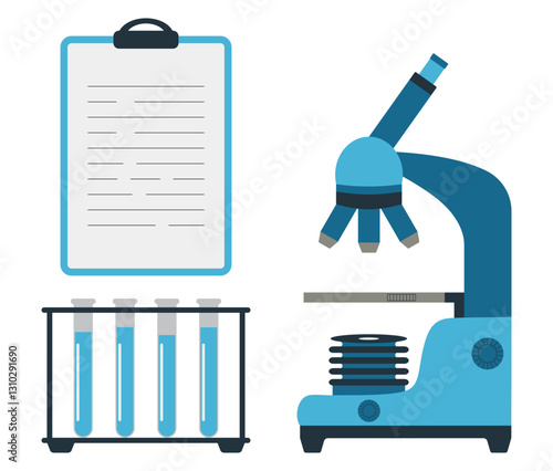 Medical tests - set of elements. Microscope, test tubes,  clipboard with paper. Vector illustration in flat style.