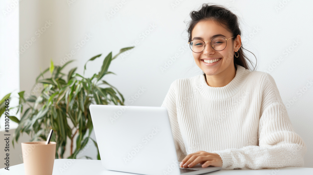 Happy woman blogging in a bright studio with laptop and joyful expression Happy woman blogging in a bright studio with laptop and joyful expression