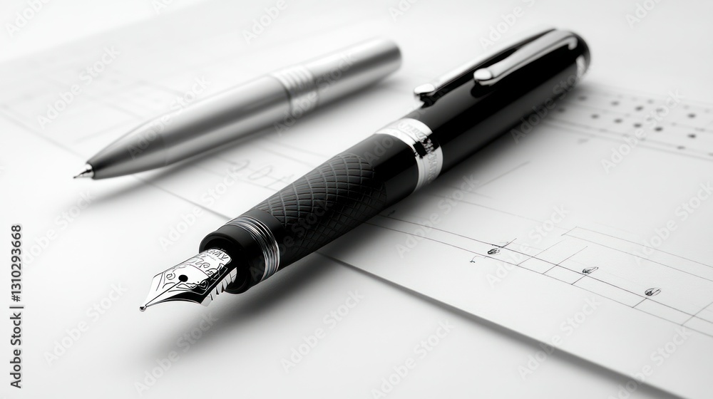 Two pens on music sheet background Two pens on music sheet background