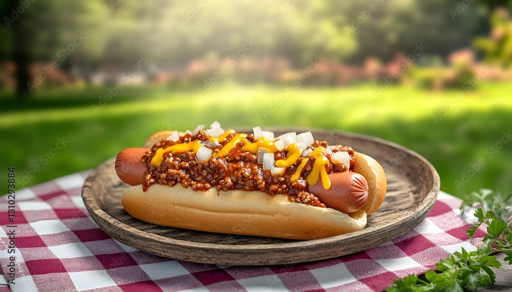 Delicious Coney Island Hot Dog on Wooden Plate