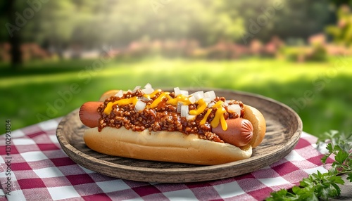 Obraz na płótnie Delicious Coney Island Hot Dog on Wooden Plate w salonie