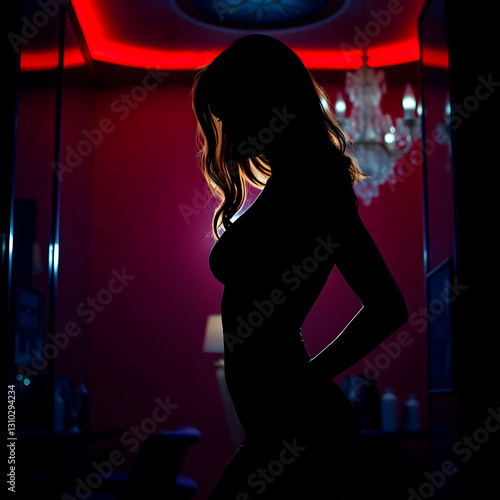 Silhouette of a girl with long hair standing in a room