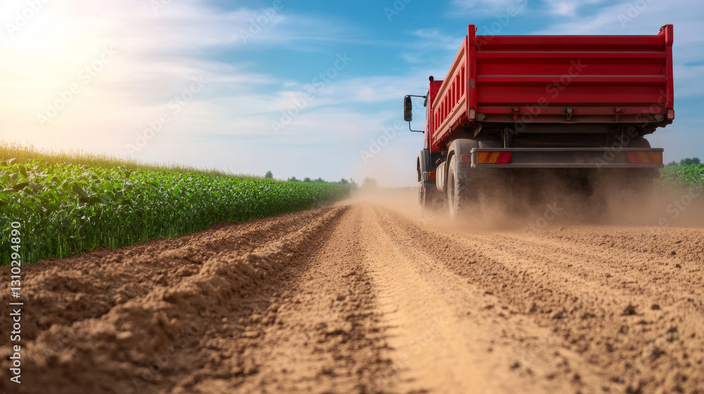 Fototapeta premium Rusty red farm truck kicking up dust clouds while traversing sunlit agricultural landscape during harvest season