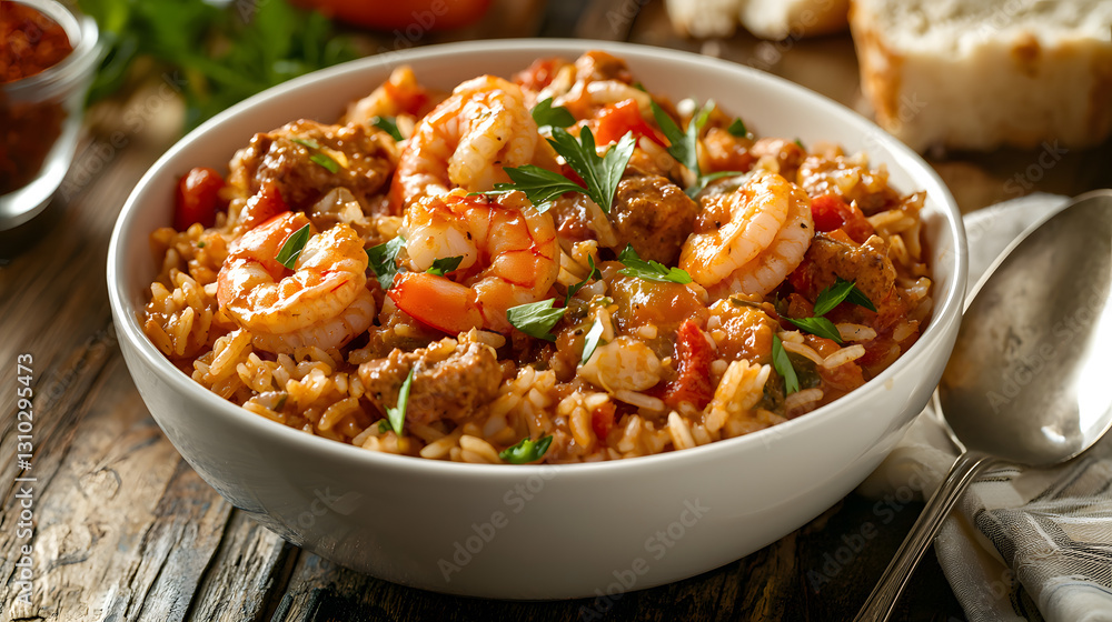 Steaming Bowl of Authentic New Orleans Jambalaya With Shrimp, Sausage, and Fresh Herbs Steaming Bowl of Authentic New Orleans Jambalaya With Shrimp, Sausage, and Fresh Herbs