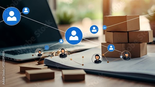 Business workspace with stacked boxes, laptop, and network connections among team members