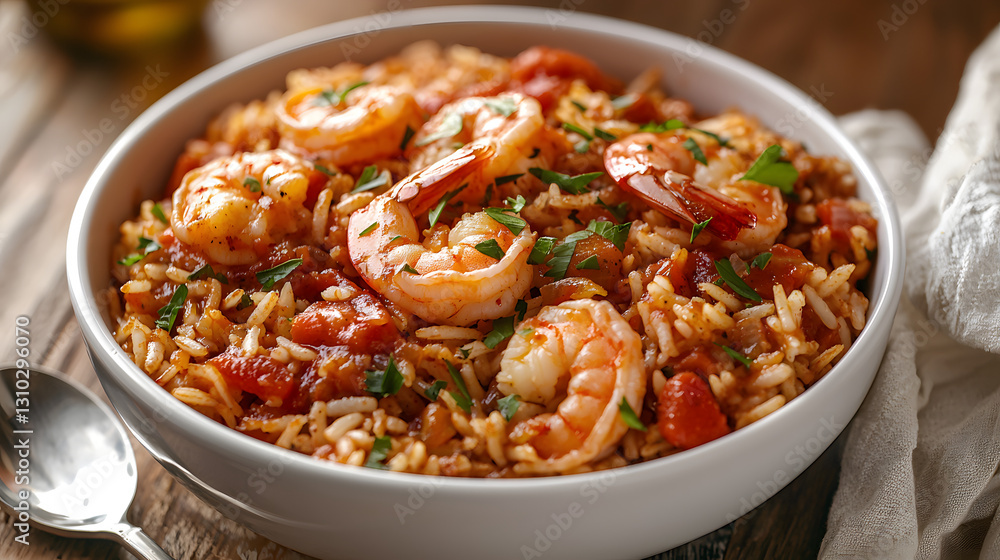 Steaming Bowl of New Orleans Jambalaya with Shrimp and Fresh Ingredients Served Hot Steaming Bowl of New Orleans Jambalaya with Shrimp and Fresh Ingredients Served Hot