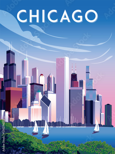 Landscape with trees, lake, yachts in the first plan and downtown city center in the background. Chicago Art Deco cartoon travel poster. Handmade drawing vector illustration.