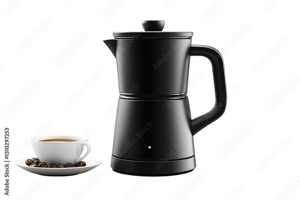 Manual coffee maker with a cup of espresso and coffee beans on a minimalistic kitchen counter Manual coffee maker with a cup of espresso and coffee beans on a minimalistic kitchen counter