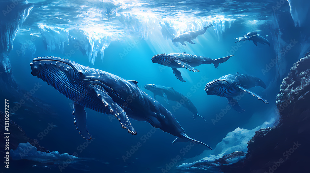 Fototapeta premium Underwater humpback whales - a pod of humpback whales swim together on their annual migration to northern waters. Glacial - Iceberg. Illustration