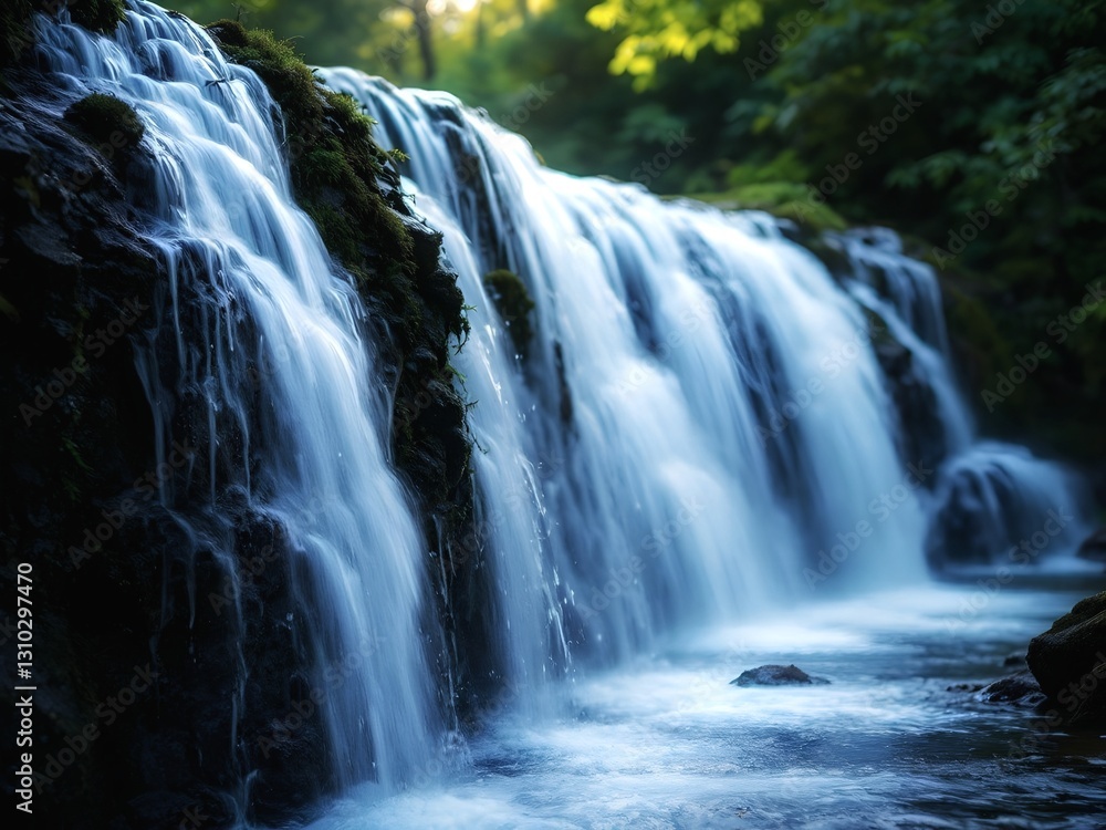 Fototapeta premium Serene Waterfall in Lush Forest.