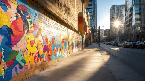 Vibrant graffiti decorates a brick wall on an urban street, showcasing artistic expression.