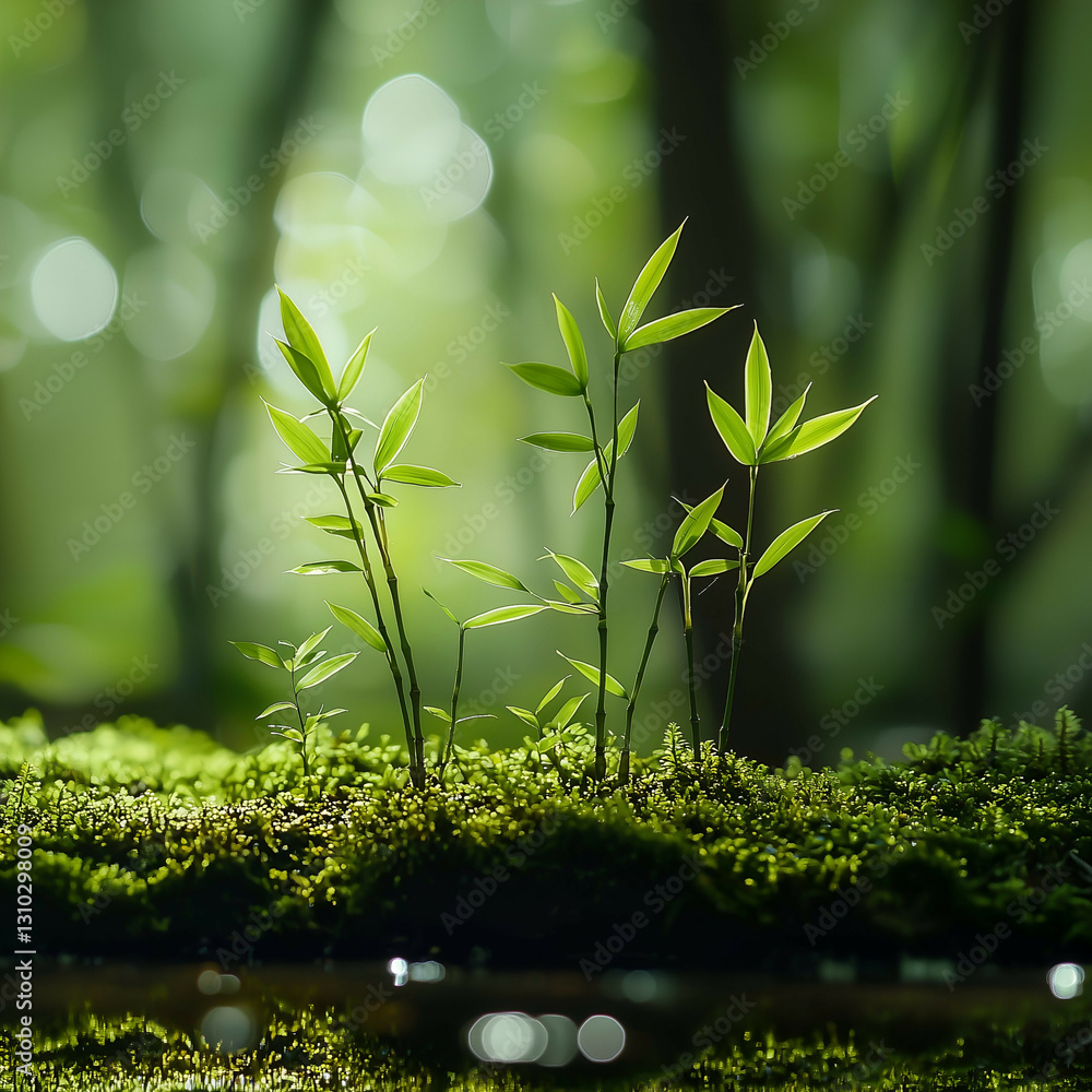 Fototapeta premium Serene Tropical Forest - Bamboo and Greenery Close-Up in Soft Natural Light