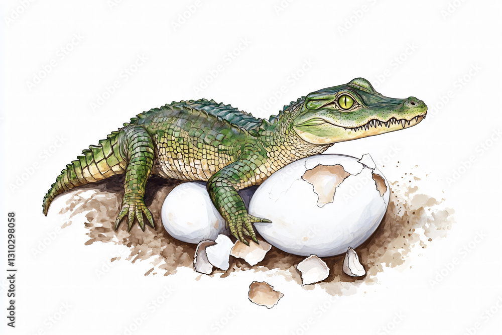 A baby alligator lays on top of an egg. The baby alligator is small and green A baby alligator lays on top of an egg. The baby alligator is small and green
