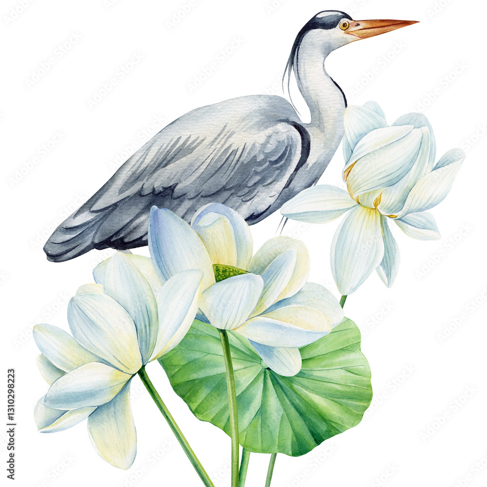 Fototapeta premium Gray heron among blooming white lotus flowers, watercolor Water lilies and birds isolated. Elegant nature art design