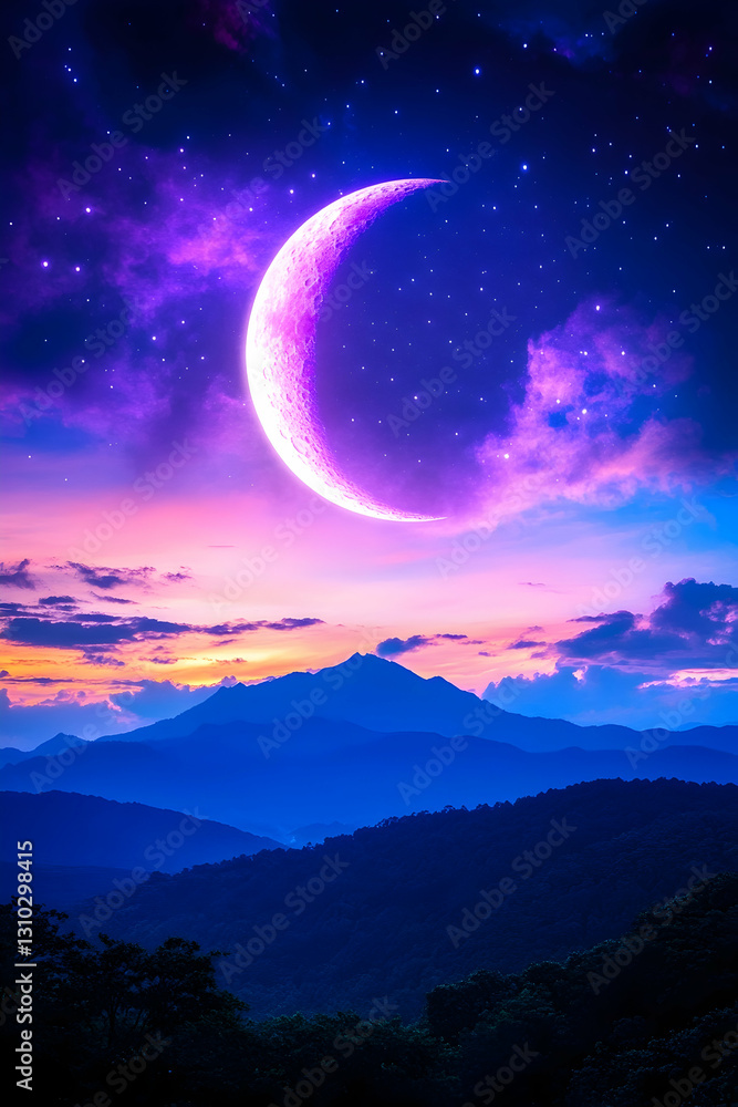 Crescent Moon Shines over Mountain Landscape at Night with Colorful Sky Crescent Moon Shines over Mountain Landscape at Night with Colorful Sky