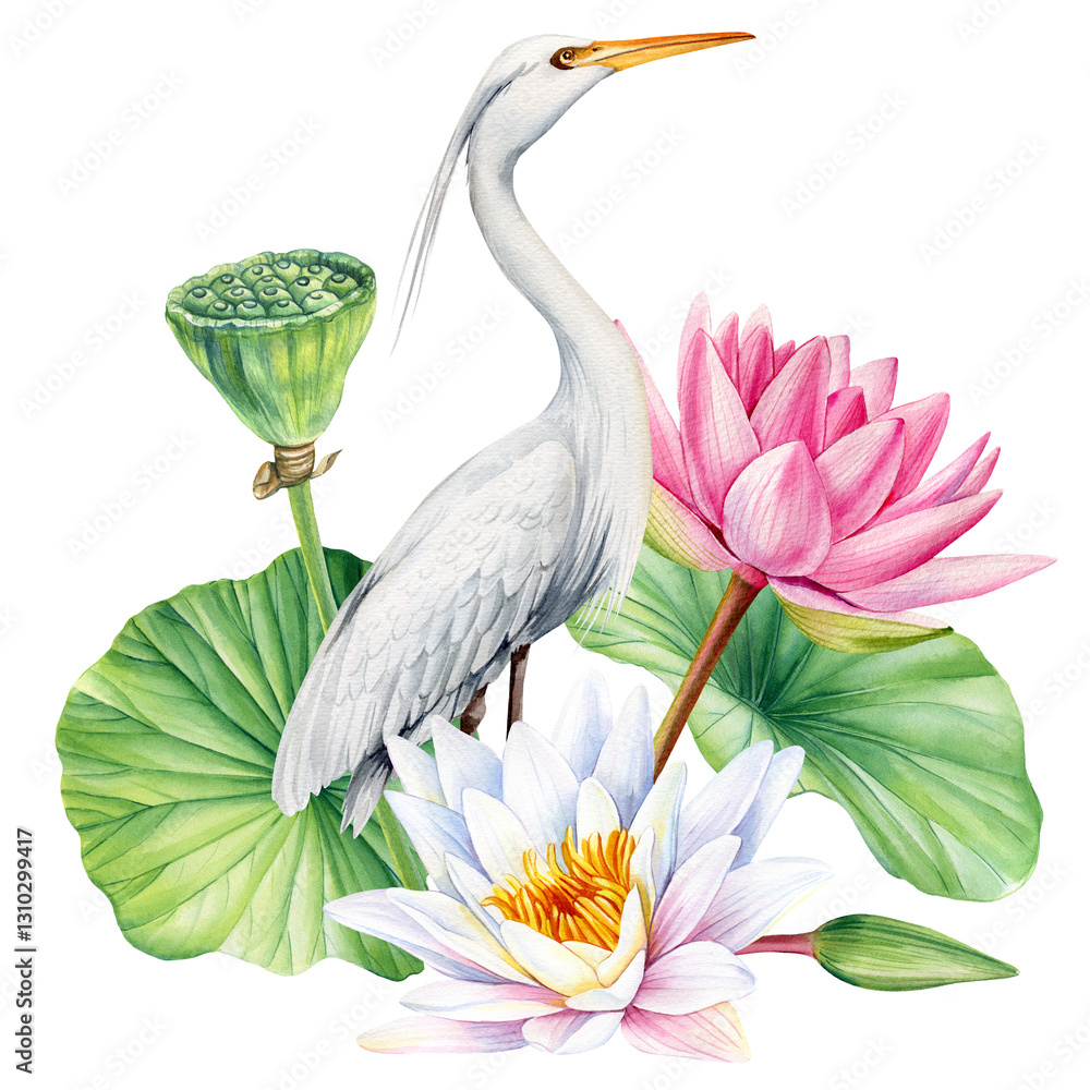 Fototapeta premium White heron standing among pink and white lotus flowers. Water lilies and birds. Watercolor Elegant greeting card design