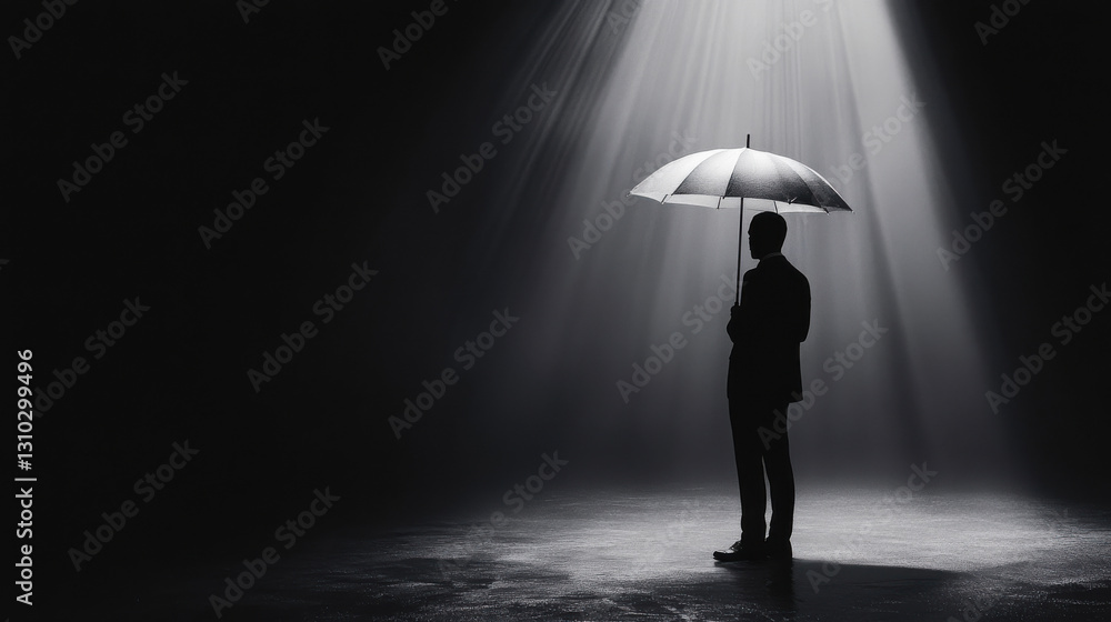 A silhouette of a lone figure holding an umbrella, slightly turned away, captured from the waist up A silhouette of a lone figure holding an umbrella, slightly turned away, captured from the waist up