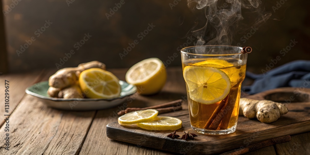 Warm lemon ginger tea in rustic setting, ideal for detox themes and immune system boost, with copy space