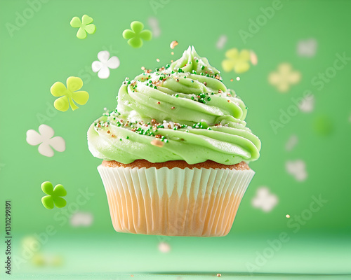 Wallpaper Mural Cupcake with green frosting floating with shamrocks against a green background Torontodigital.ca