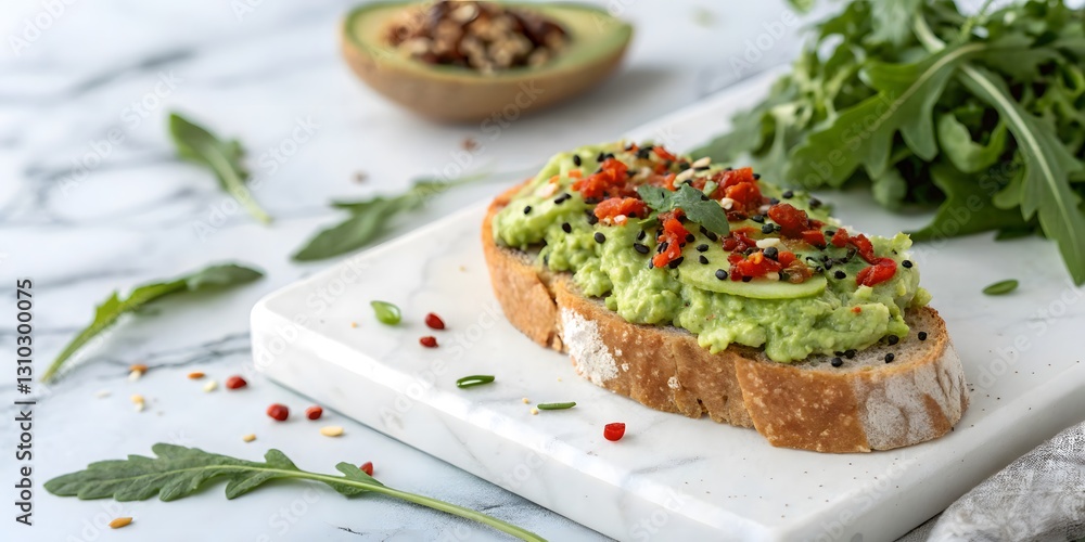 Creamy avocado toast on minimalist plate, symbolizing healthy fats and post-winter energy boost, with copy space Creamy avocado toast on minimalist plate, symbolizing healthy fats and post-winter energy boost, with copy space