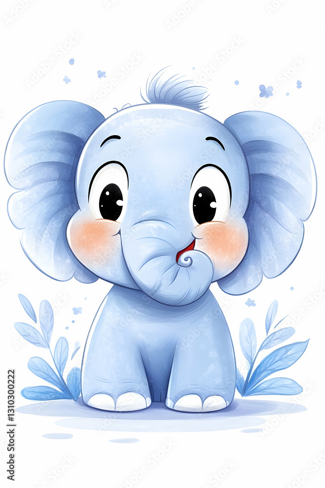 Fototapeta premium Cute blue elephant sits on a leafy floor, looking at the viewer with big eyes