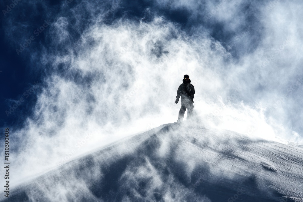 Skier glides down a snowy mountain under a bright blue sky. Skier glides down a snowy mountain under a bright blue sky.