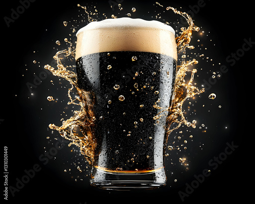 Dark beer splashes around glass on dark background