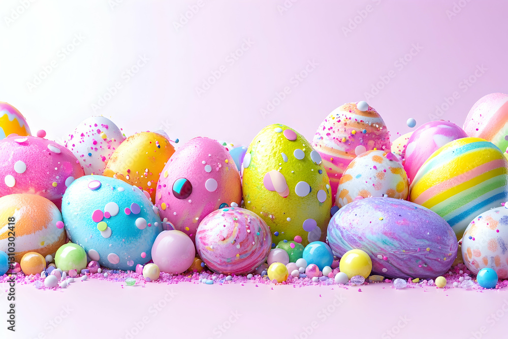 Decorated easter eggs scattered on pink surface in a festive background scene Decorated easter eggs scattered on pink surface in a festive background scene