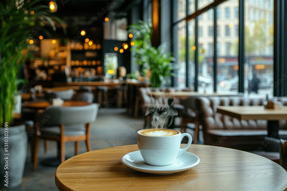 A cup of coffee sits on a table at a restaurant, inviting and warm. A cup of coffee sits on a table at a restaurant, inviting and warm.